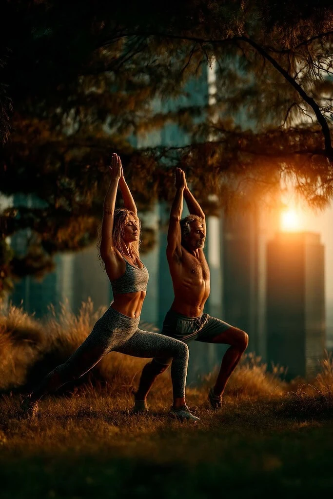 Dos personas practicando yoga en un parque al atardecer, con árboles y ciudad de fondo, promoviendo bienestar y salud con soluciones AIT.