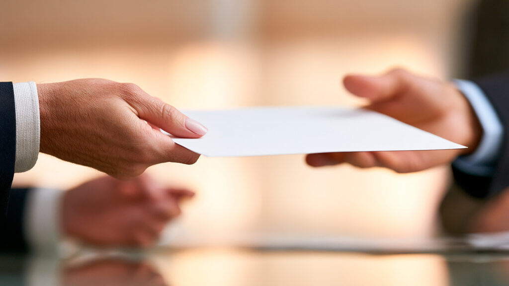 Persona entregando un documento a otra en un entorno profesional, representando servicios notariales y soluciones jurídicas en Irapuato.