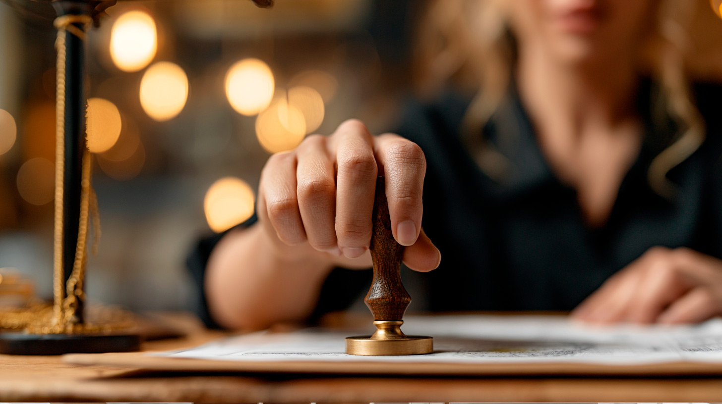 Persona sellando documentos en notaría, representando servicios legales y notariales en Irapuato, Guanajuato, con enfoque en soluciones confiables y profesionales.
